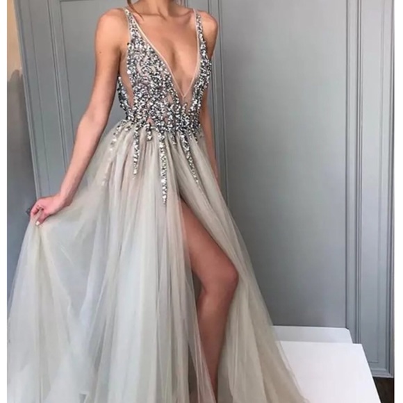 Grey Sequin beaded Prom dress - Picture 3 of 8